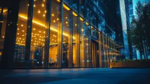 glass facade of a modern building with warm interior lighting at night