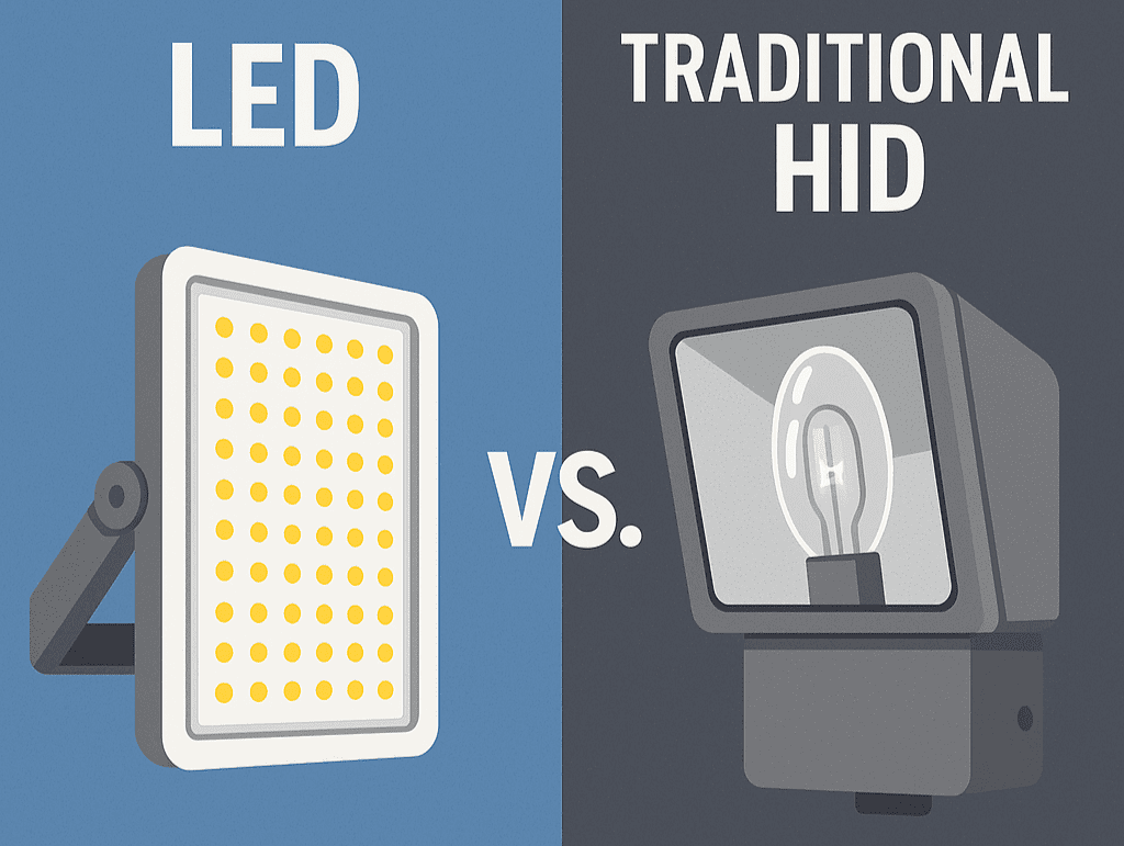Illustration comparing LED vs traditional HID light fixtures, showing a sleek LED panel on the left and a bulky HID lamp on the right with labeled backgrounds