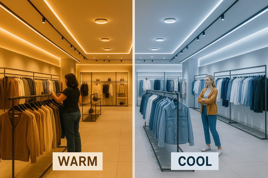 Split retail store image showing warm golden lighting on one side and cool white lighting on the other, illustrating how color temperature affects mood.